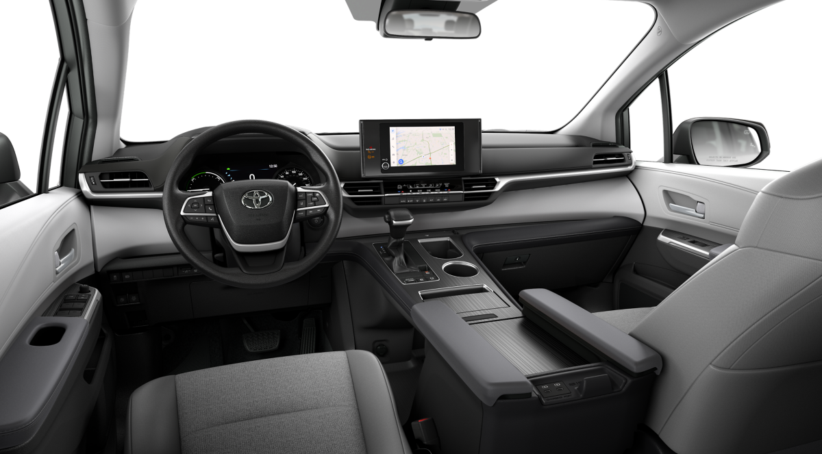 A spacious and tech-loaded 2025 Toyota Sienna Hybrid interior, featuring premium seating and an advanced infotainment system.