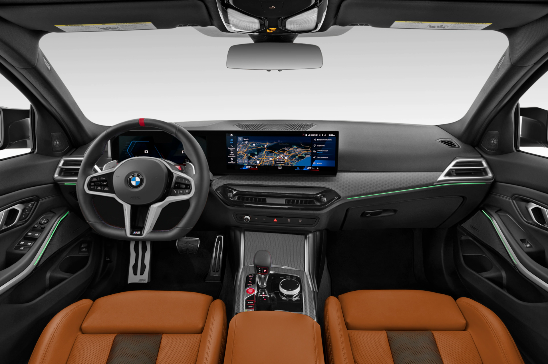 Interior of the 2025 BMW M3, featuring M Carbon bucket seats, digital cockpit, and premium leather finishes.