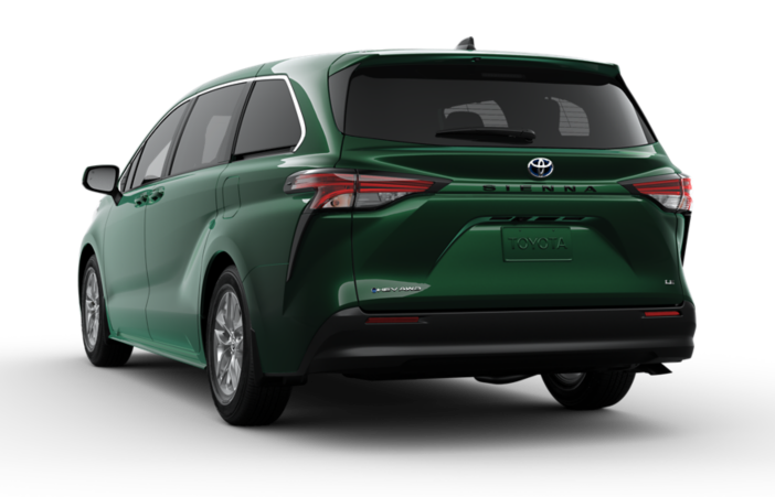 The elegant 2025 Toyota Sienna Hybrid rear exterior, highlighting its sleek taillights and hybrid badge.