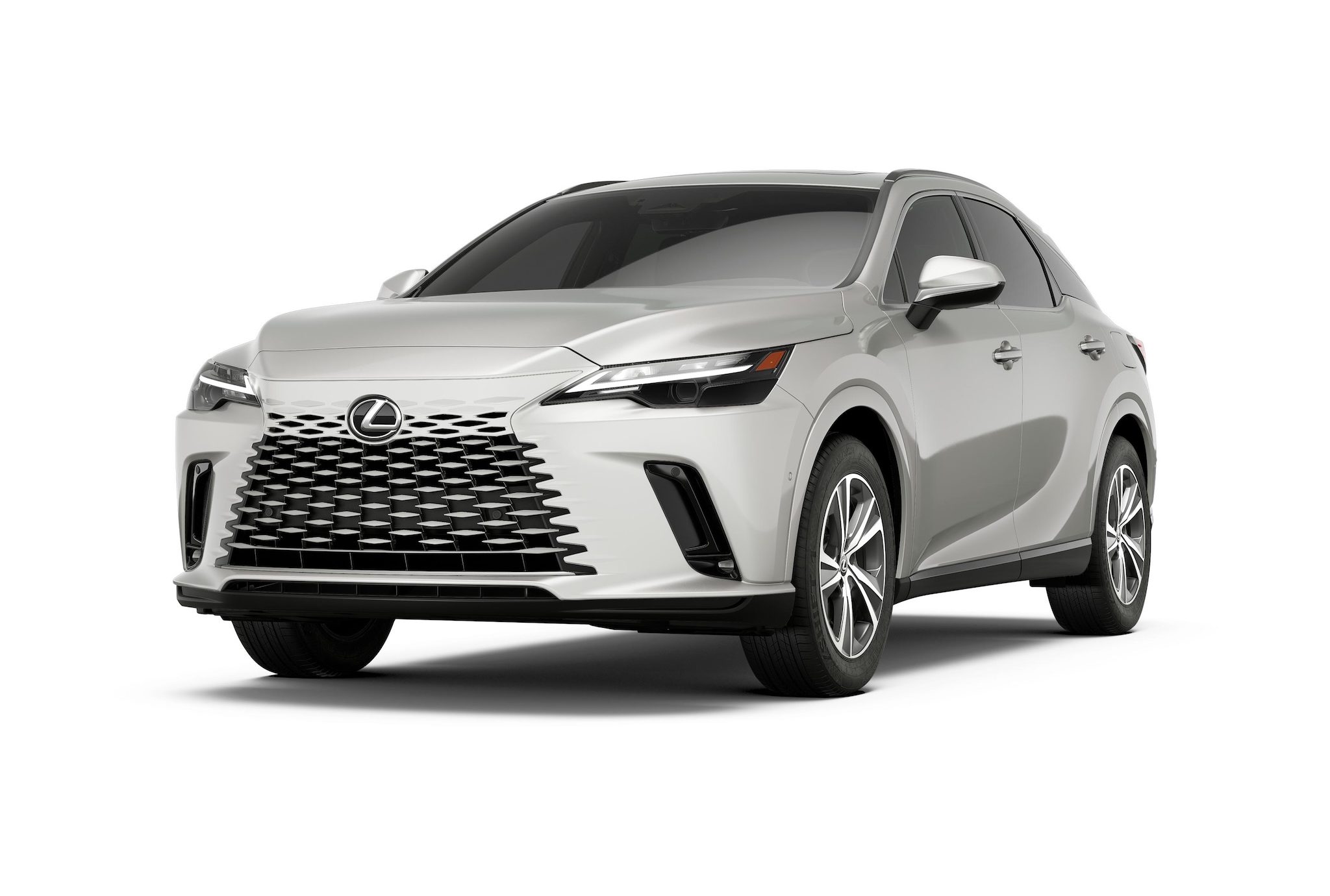 Front view of the 2025 Lexus RX 350 in deep blue, showcasing its bold spindle grille, LED headlights, and aerodynamic design.