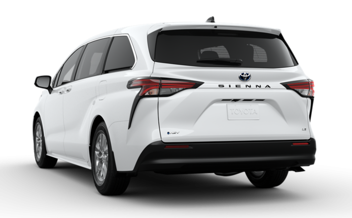 The elegant 2025 Toyota Sienna Hybrid rear exterior, highlighting its sleek taillights and hybrid badge.