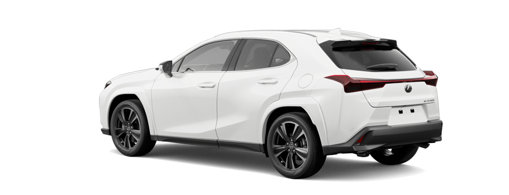 2025 Lexus UX 300h in white, highlighting its compact crossover design, sharp body lines, black wheel arch cladding, and stylish alloy wheels.