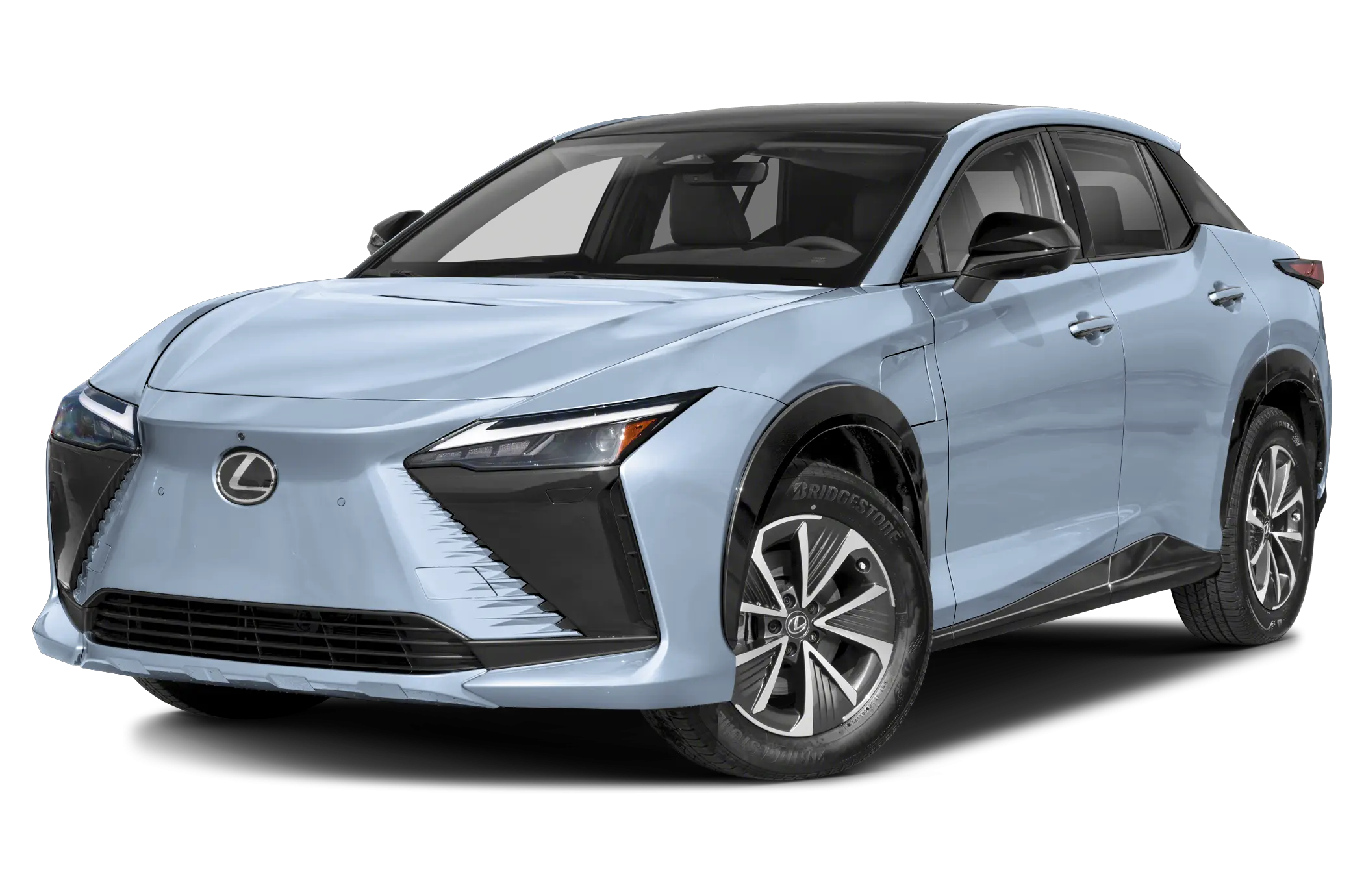 2025 Lexus RZ 300e front view with an aggressive spindle grille, sharp LED headlights, and a sophisticated all-electric luxury SUV design.