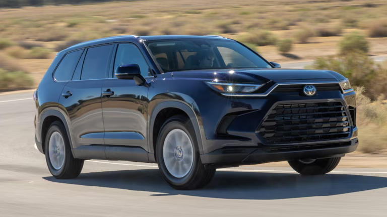 Front view of the 2025 Toyota Grand Highlander Hybrid, showcasing its sleek design as the best hybrid SUV of 2025