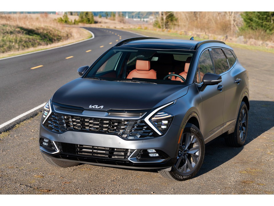 Front view of 2025 Toyota RAV4 Hybrid, Honda CR-V Hybrid, and Kia Sportage Hybrid in best hybrid crossover review