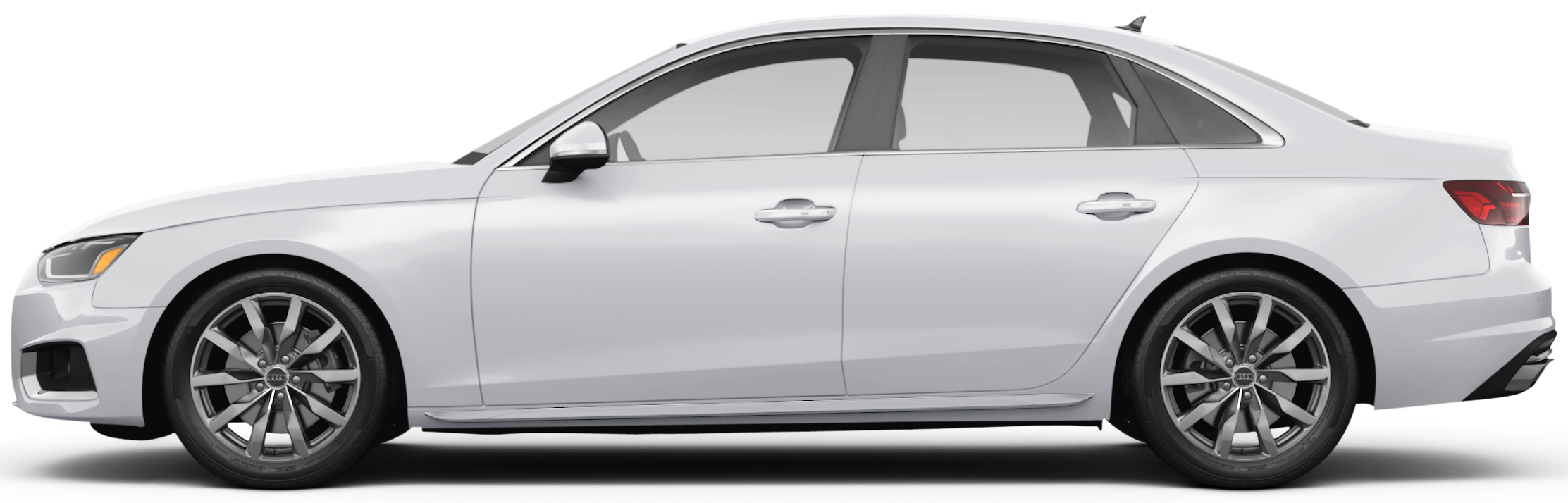 2025 Audi A4 Premium 40 TFSI quattro AWD side profile in Mythos Black, highlighting its aerodynamic silhouette, 18-inch alloy wheels and sloping roofline.