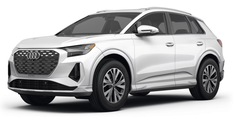 Bold front view of the 2025 Audi Q4 e-tron lease, featuring Audi's signature closed grille, sleek LED headlights, and modern electric SUV styling.