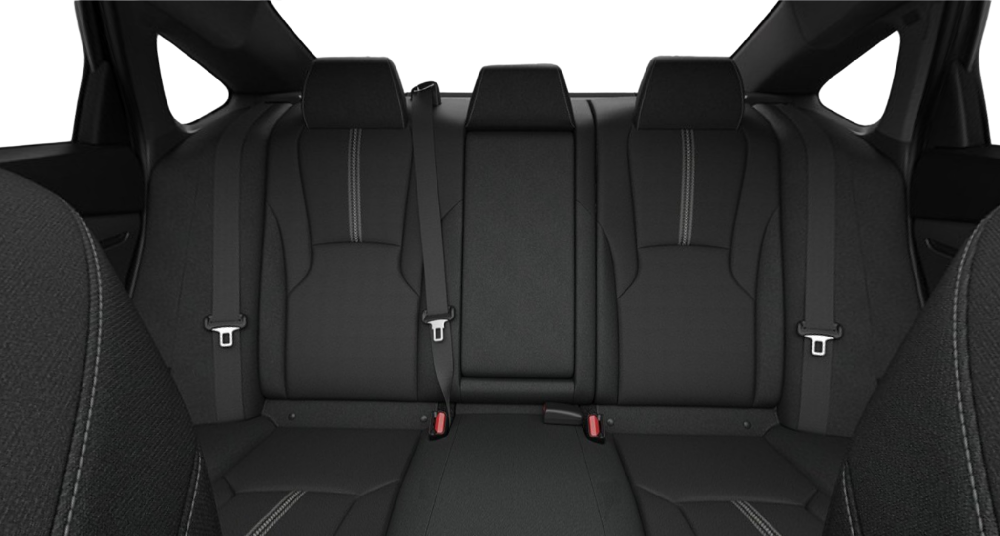 Rear seating of the 2025 Honda Accord Sport Hybrid showcasing black cloth upholstery with contrast stitching and spacious passenger area