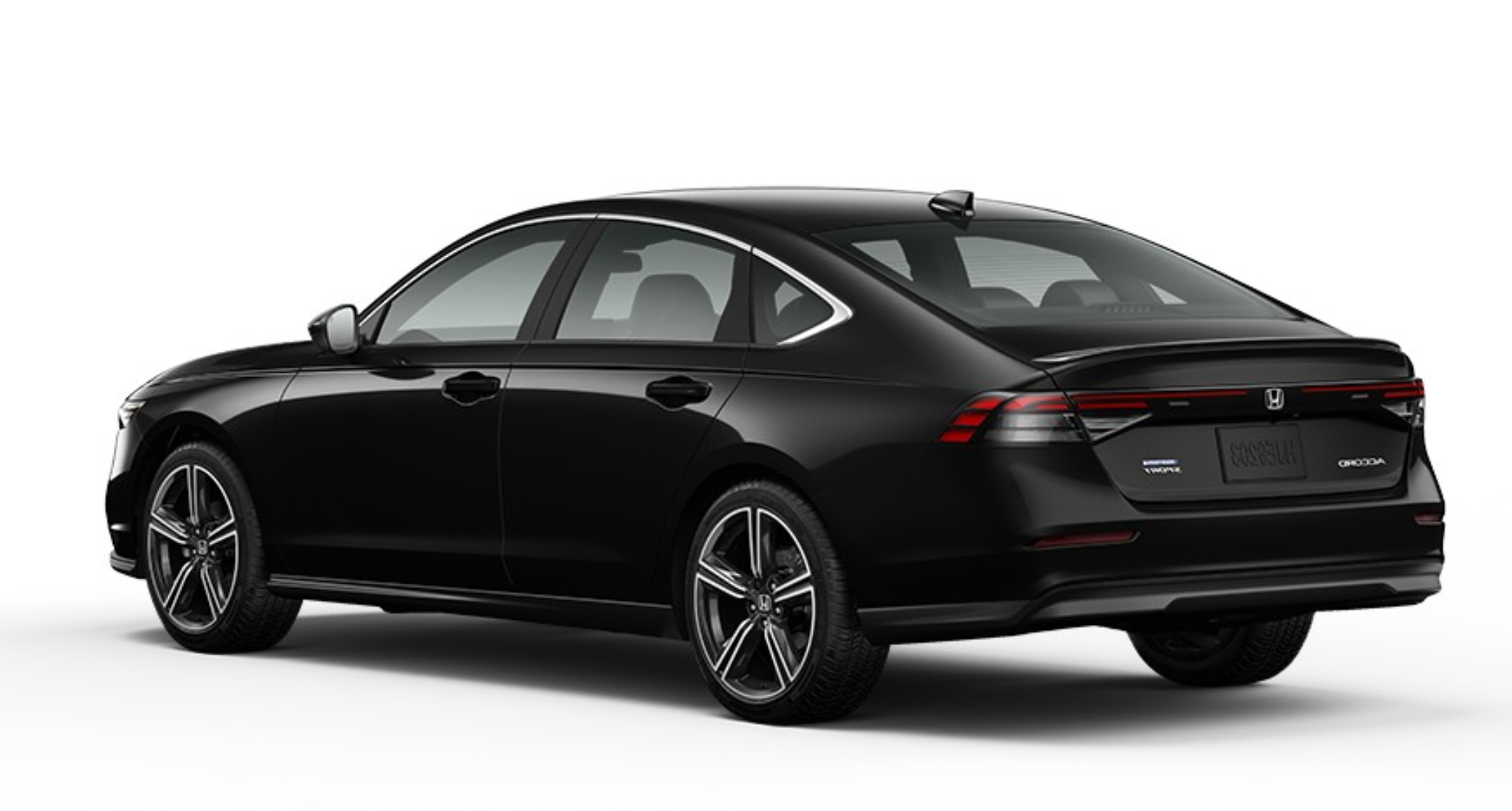 2025 Honda Accord Sport Hybrid rear view with gloss-black decklid spoiler, LED taillights, and hybrid badging