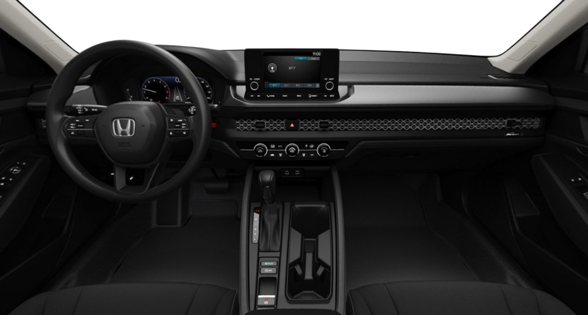 Interior dashboard of the 2025 Honda Accord LX featuring a modern infotainment touchscreen, ergonomic steering wheel, and driver-focused controls.