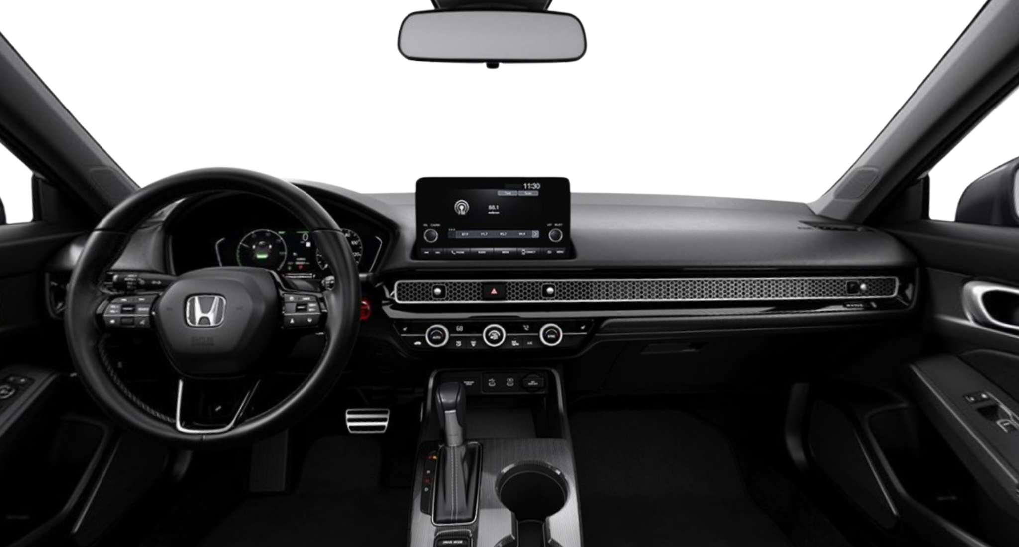 Interior dashboard of the 2025 Honda Civic Sport Hybrid featuring advanced infotainment, digital instrument cluster, and driver-centric controls.