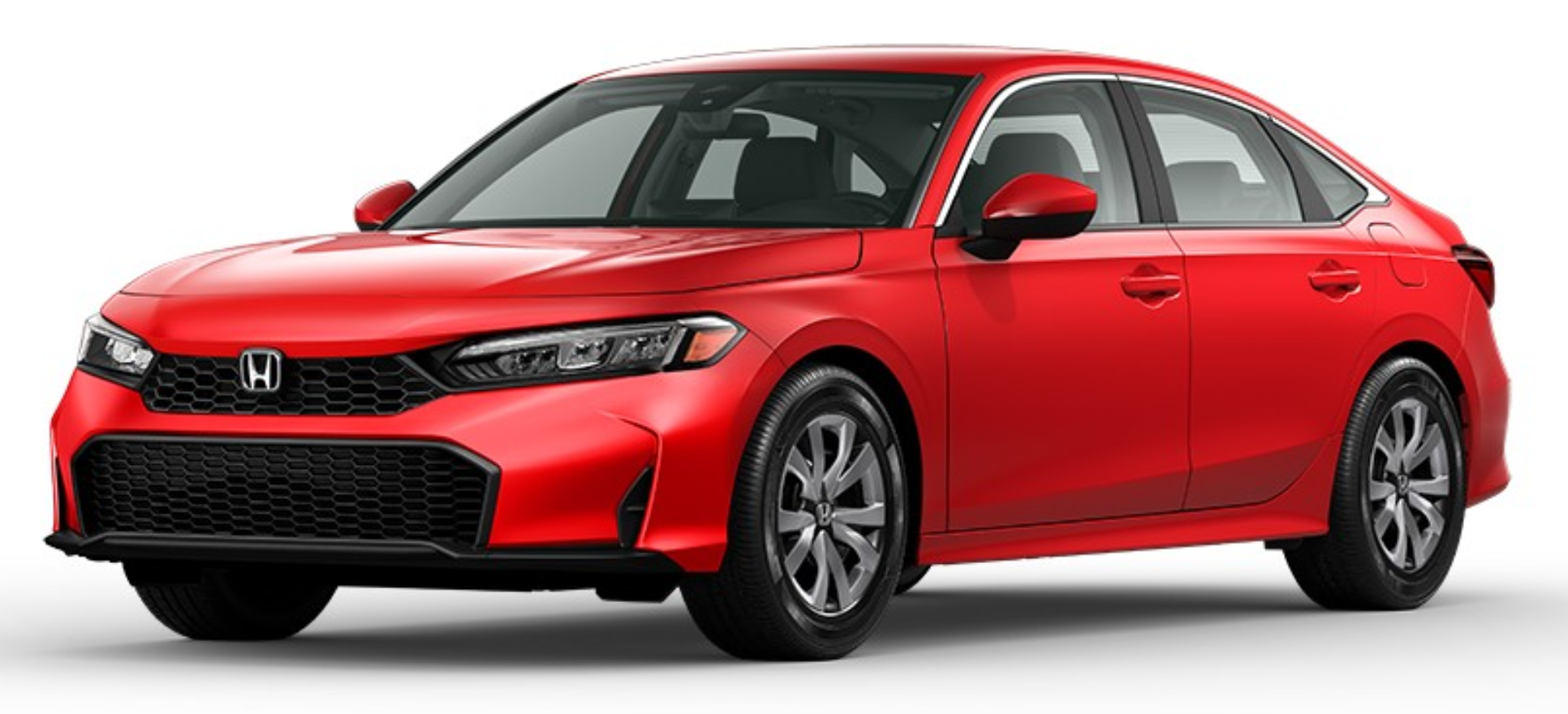 Front exterior of the vibrant red 2025 Honda Civic LX displaying bold grille design, LED headlights, and sporty aesthetic.