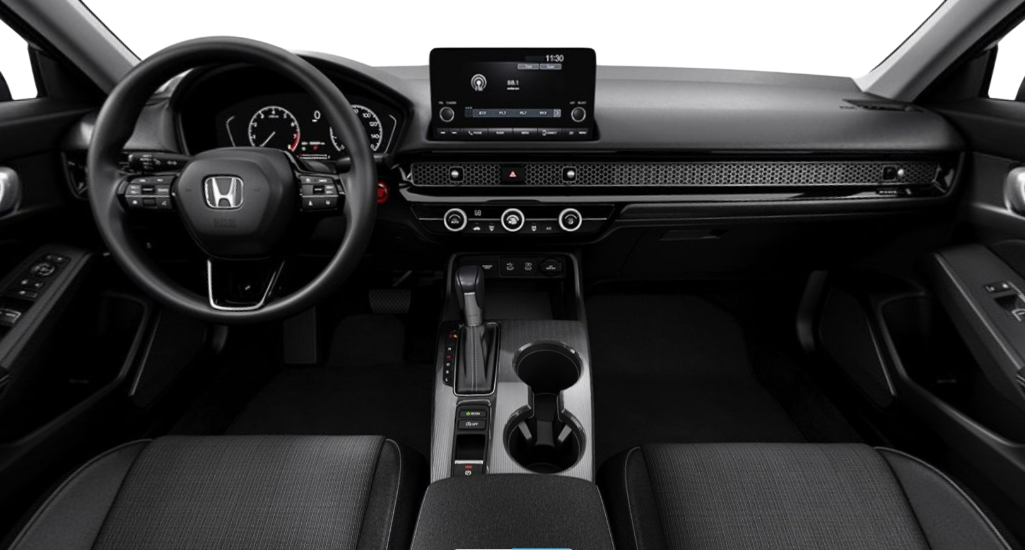 Modern dashboard of the 2025 Honda Civic LX with a multifunction steering wheel, digital infotainment touchscreen, and ergonomic design.