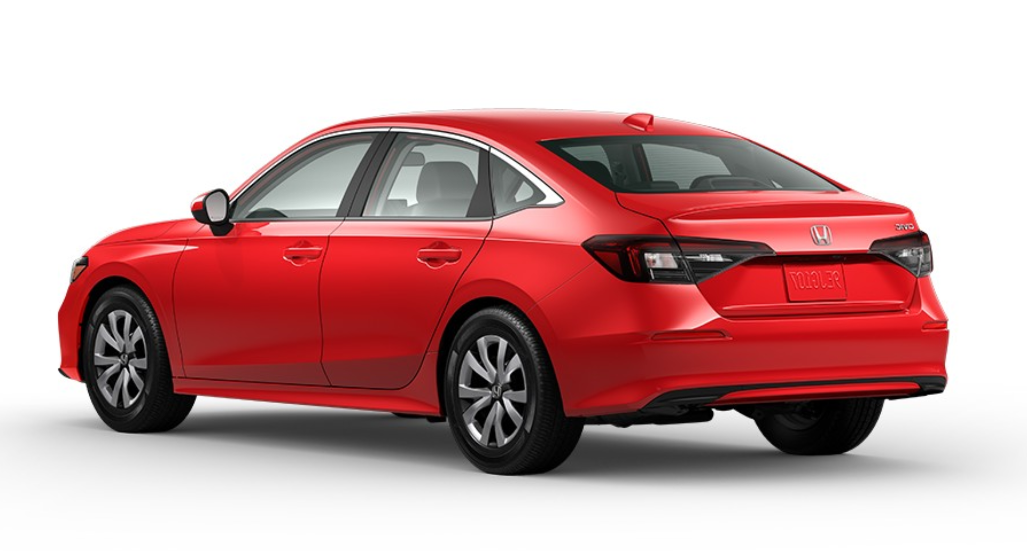 Rear view of the 2025 Honda Civic LX sedan showcasing sleek red body design, stylish LED taillights, and aerodynamic contours.