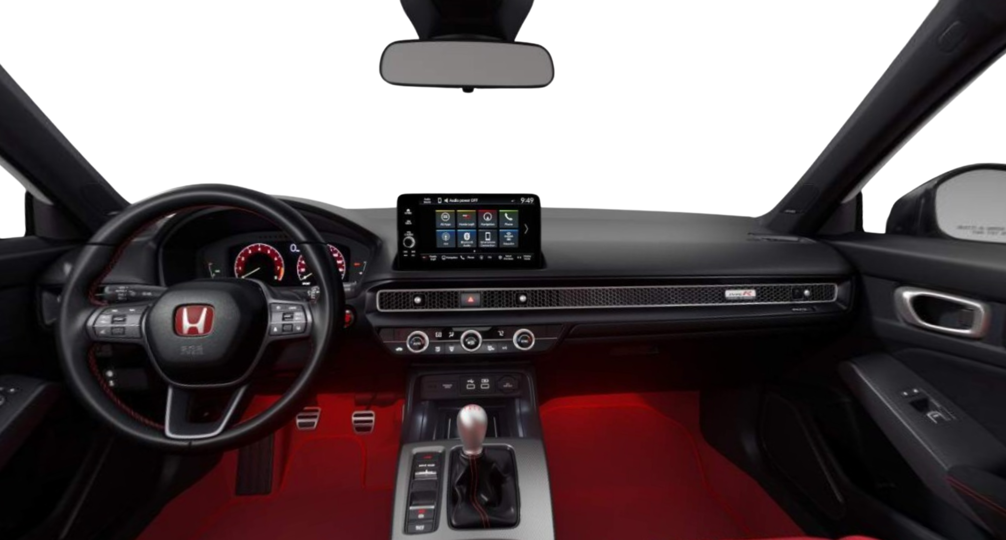 Cockpit view of the 2025 Honda Civic Type R showing the sporty dashboard, 9-inch touchscreen, manual gear shifter, and red ambient lighting.