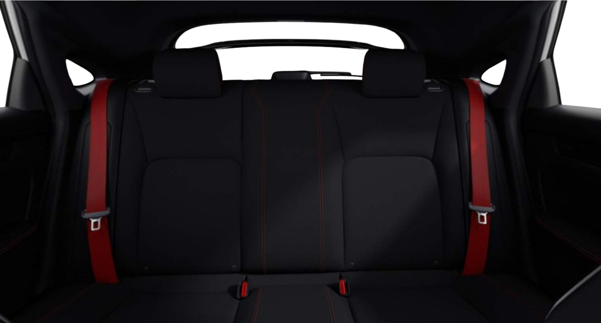 Rear seat view of the 2025 Civic Type R with black upholstery, red seatbelts, and performance-inspired stitching details.
