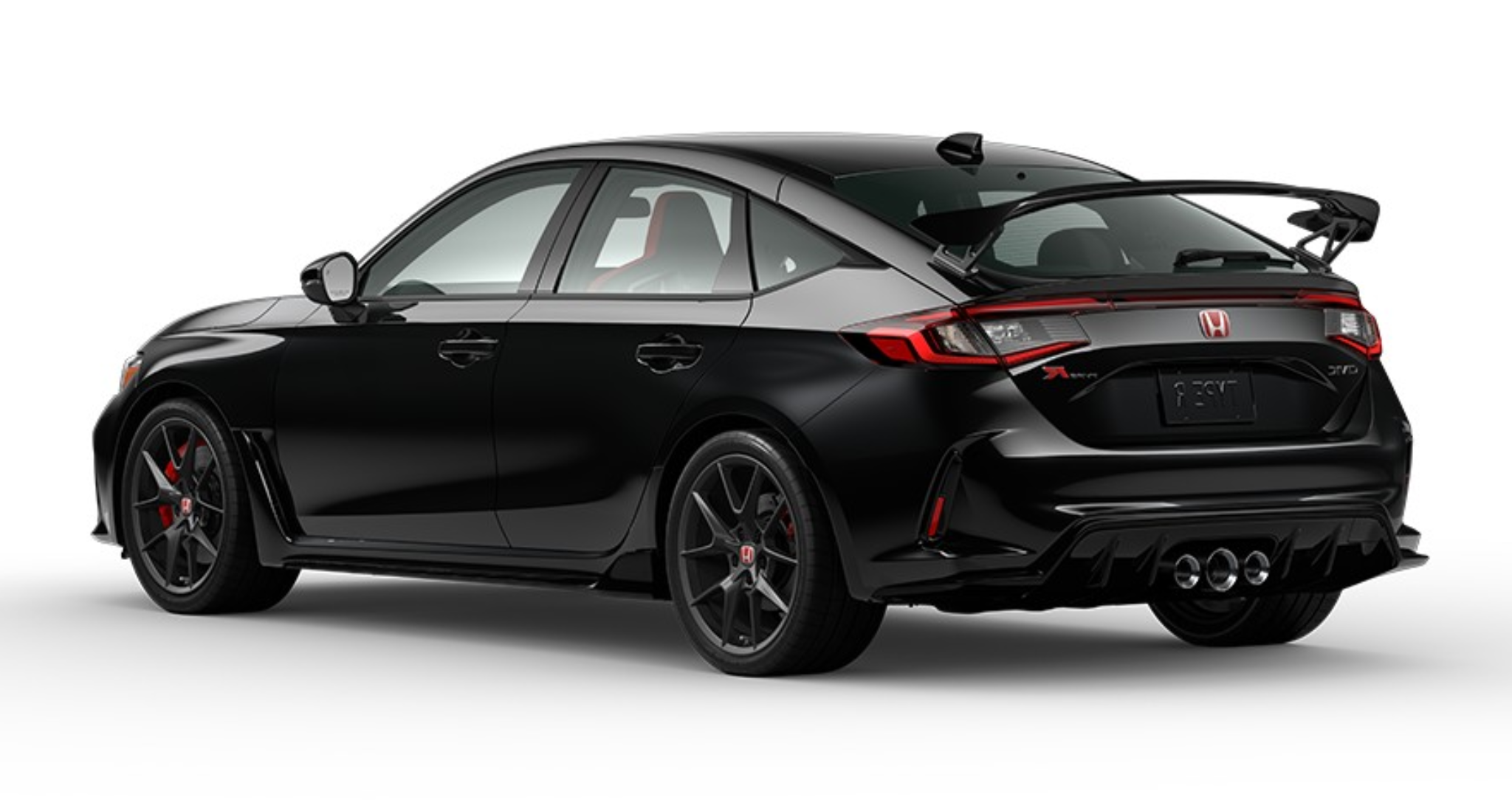 Rear exterior view of the 2025 Honda Civic Type R highlighting its triple exhaust outlets, rear spoiler, and sculpted bumper in Crystal Black Pearl.