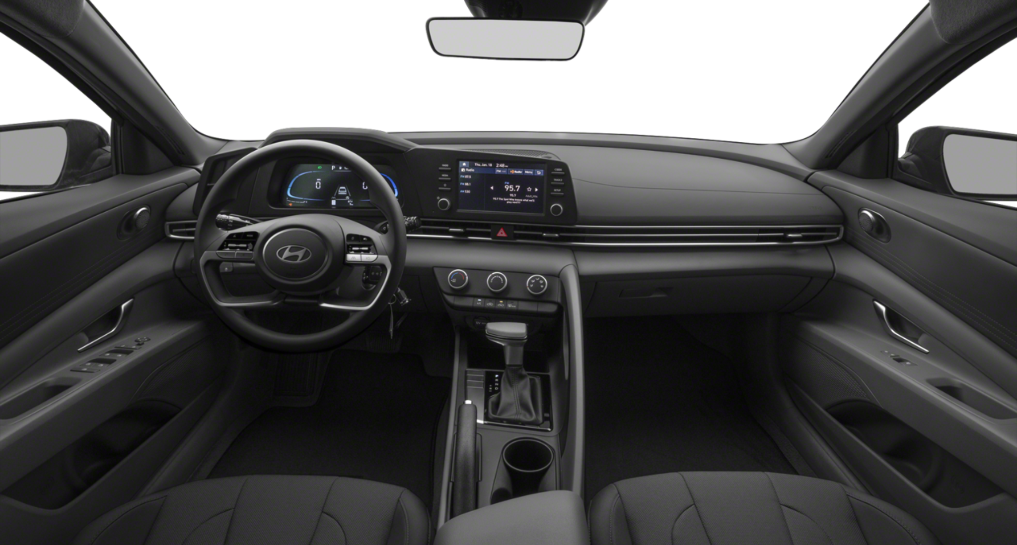 Interior view of the 2025 Hyundai Elantra SE showcasing the sleek dashboard, 8-inch touchscreen display with Apple CarPlay and Android Auto, and a driver-focused cockpit design.