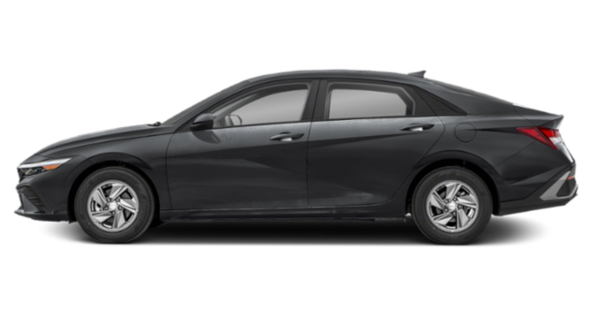 2025 Hyundai Elantra SE side profile highlighting its aerodynamic design, bold character lines, and 15-inch alloy wheels in a striking black exterior finish.