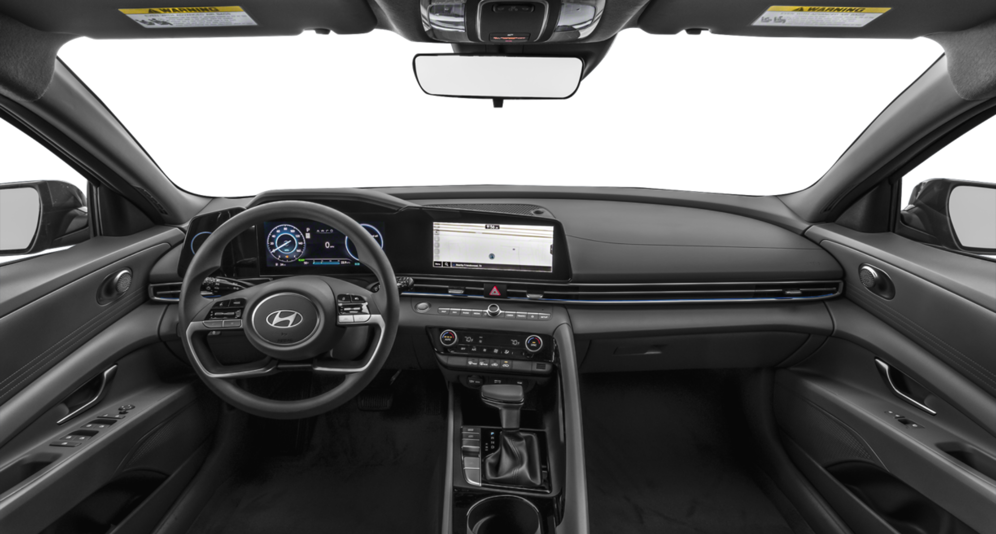Dashboard and cockpit view of the 2025 Hyundai Elantra Hybrid Blue highlighting the digital instrument cluster, touchscreen infotainment system, and modern control layout.