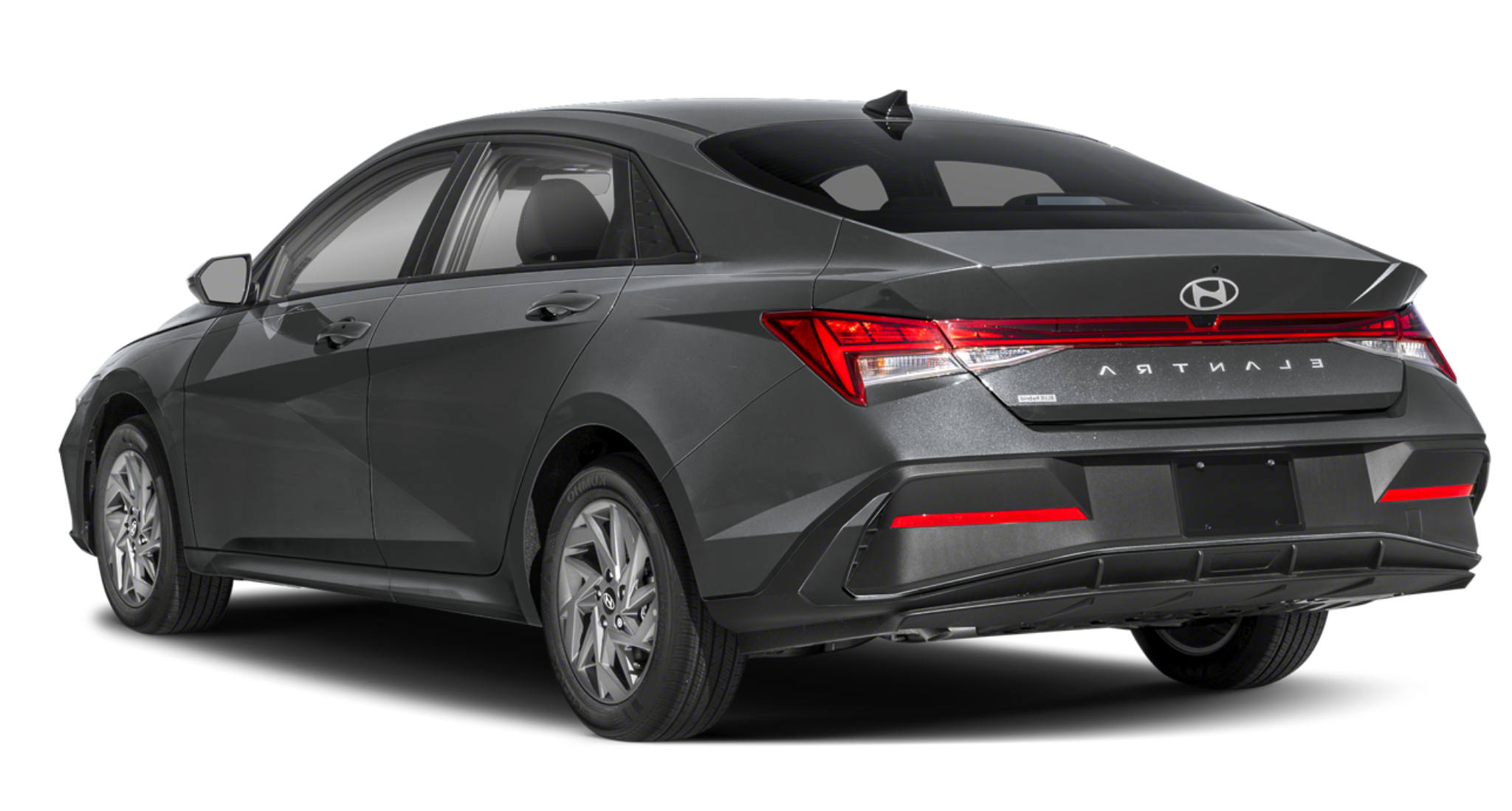 Rear view of the 2025 Hyundai Elantra Hybrid Blue showcasing its sharp LED taillights, sculpted rear bumper, and Elantra badging.