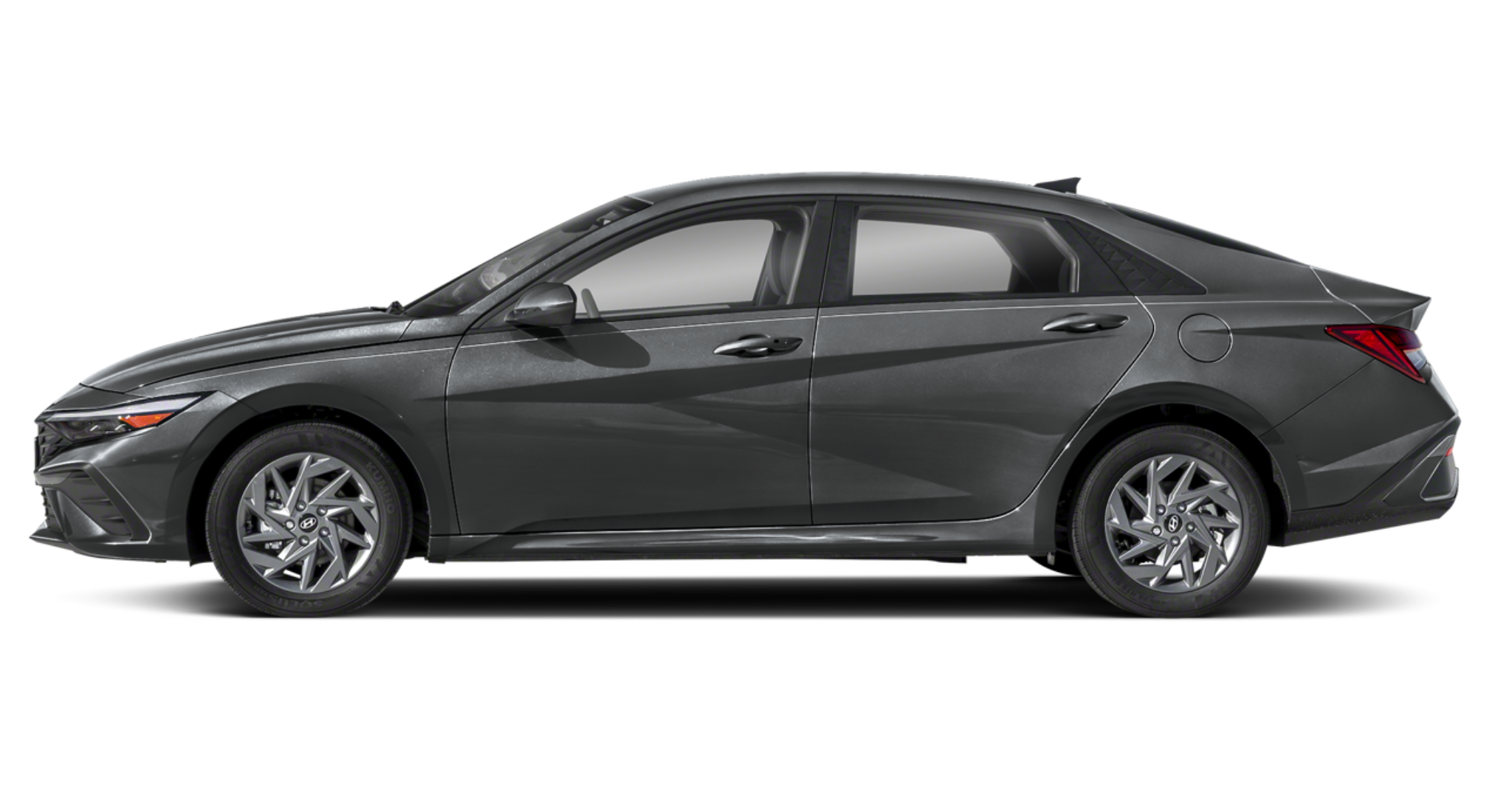 Side profile of the 2025 Hyundai Elantra Hybrid Blue sedan in dark gray, emphasizing its sleek aerodynamic lines, 16-inch alloy wheels, and modern body design.