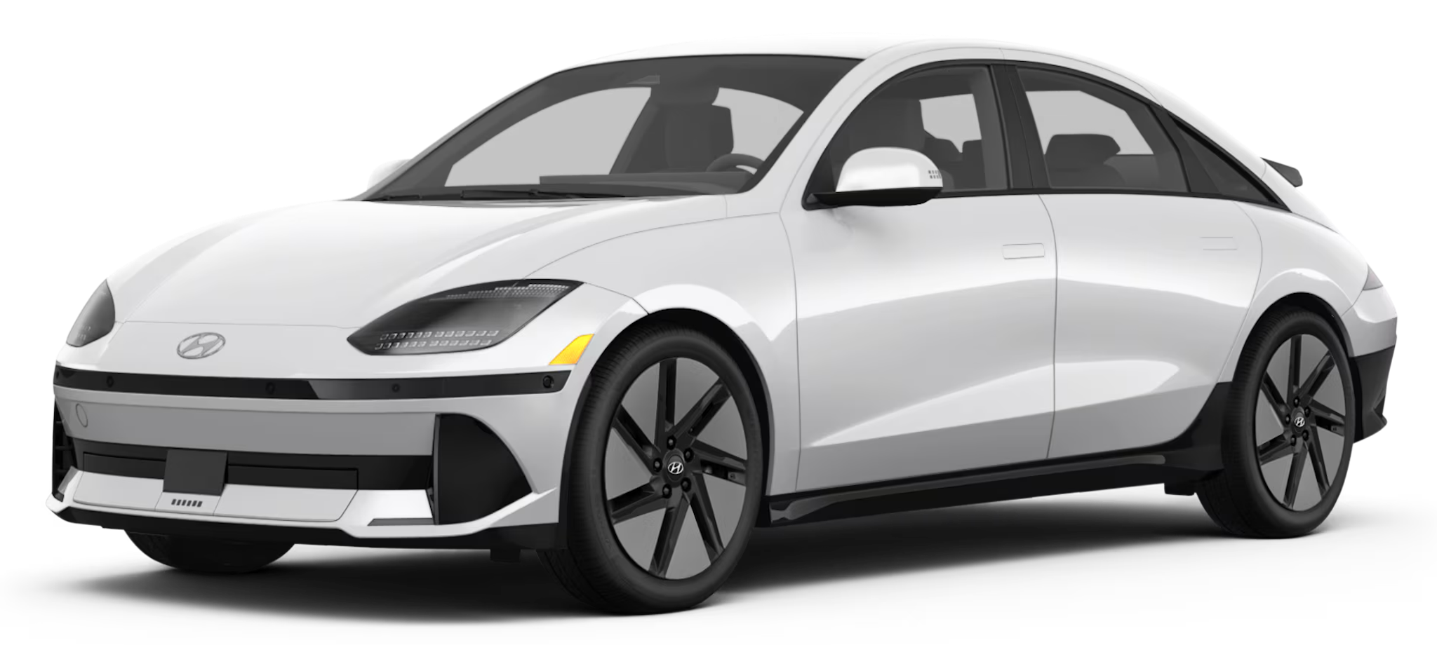 Front view of the 2025 Hyundai IONIQ-6 RWD, displaying its futuristic LED headlights, smooth grille-less front fascia, and bold aerodynamic styling.