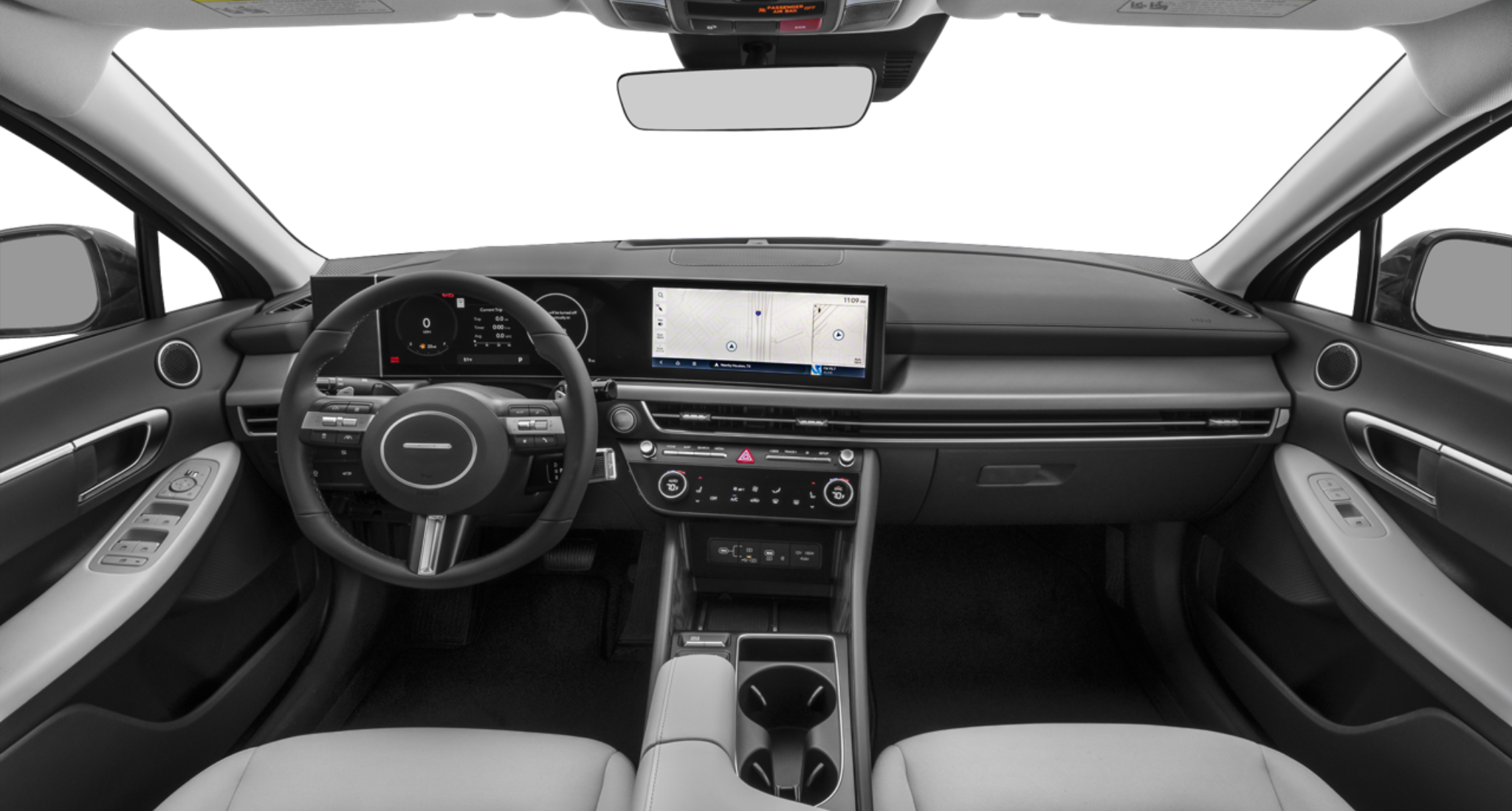 Dashboard of the 2025 Hyundai Sonata Hybrid lease with infotainment display and digital cluster.