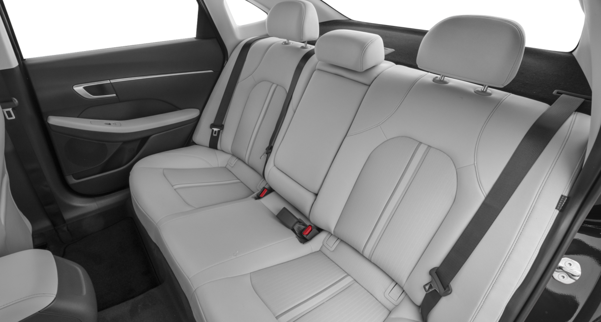 Spacious rear seats of the 2025 Hyundai Sonata hybrid lease featuring premium light gray cloth upholstery, fold-down center armrest, and ample legroom for rear passengers.
