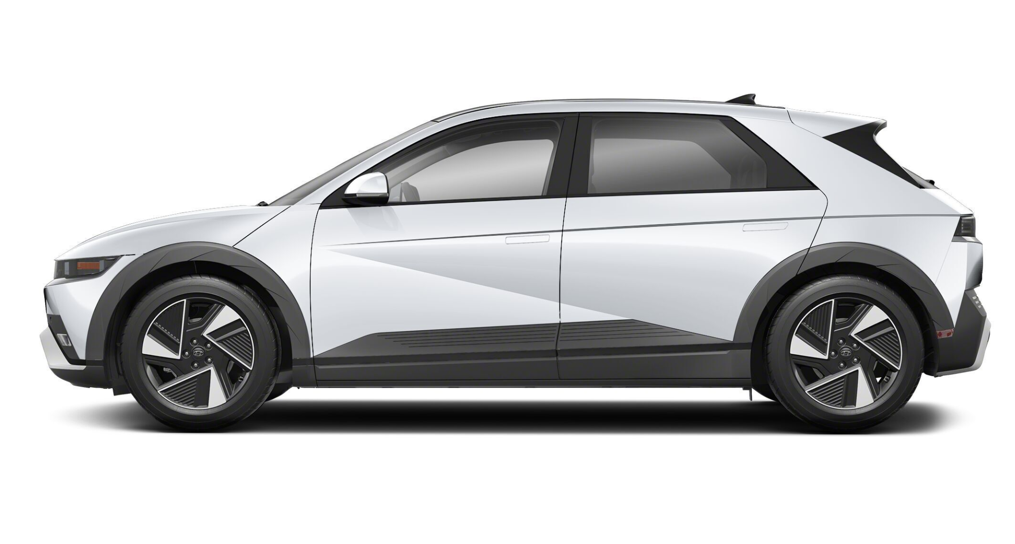 Side profile of the 2025 Hyundai Ioniq-5 RWD SE electric SUV, featuring 19-inch alloy wheels, flush door handles, and sharp geometric body lines.