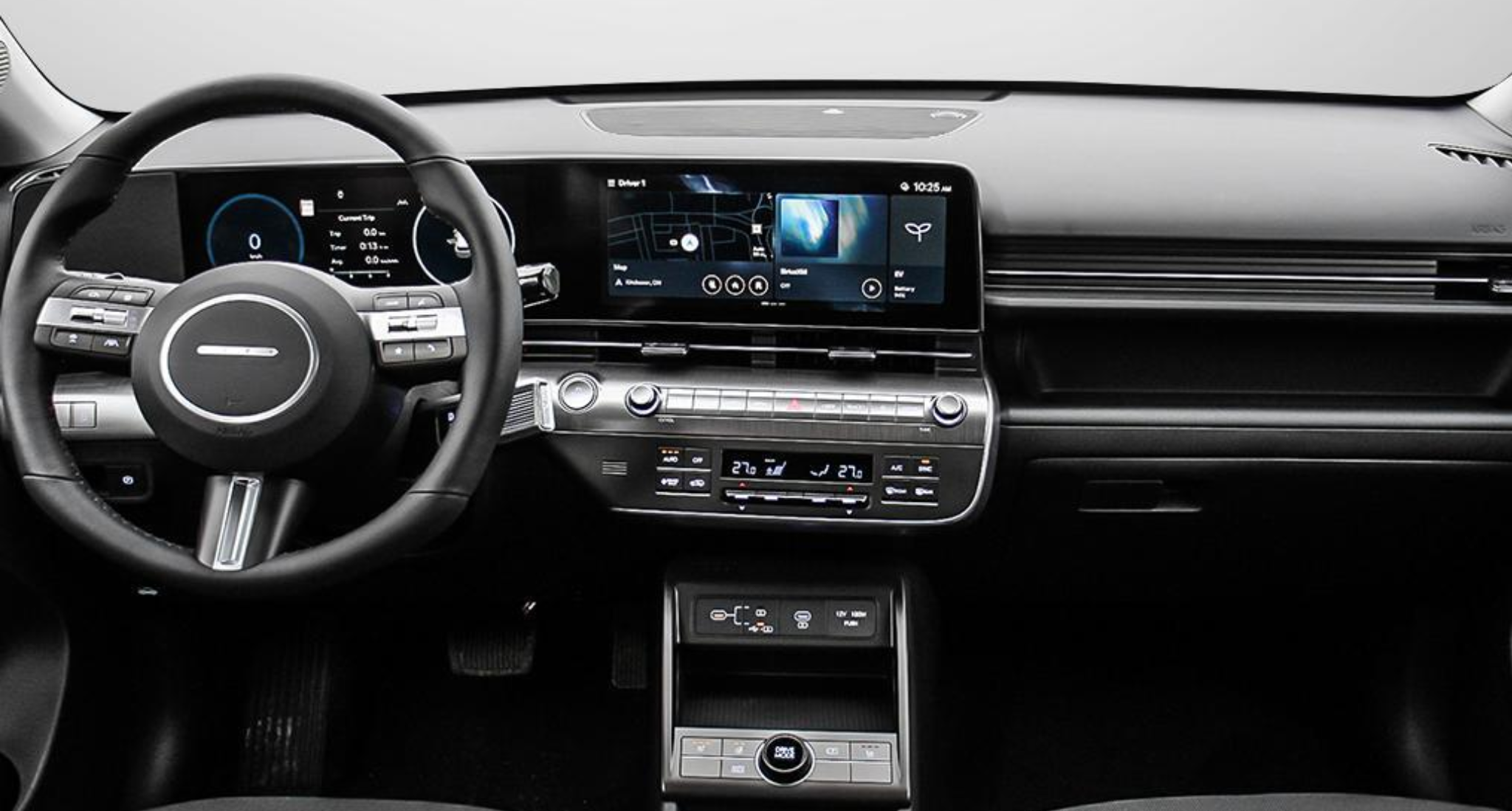 2025 Hyundai Kona Electric SE interior dashboard view featuring a 12.3-inch digital instrument cluster, touchscreen infotainment display, and multifunction steering wheel.