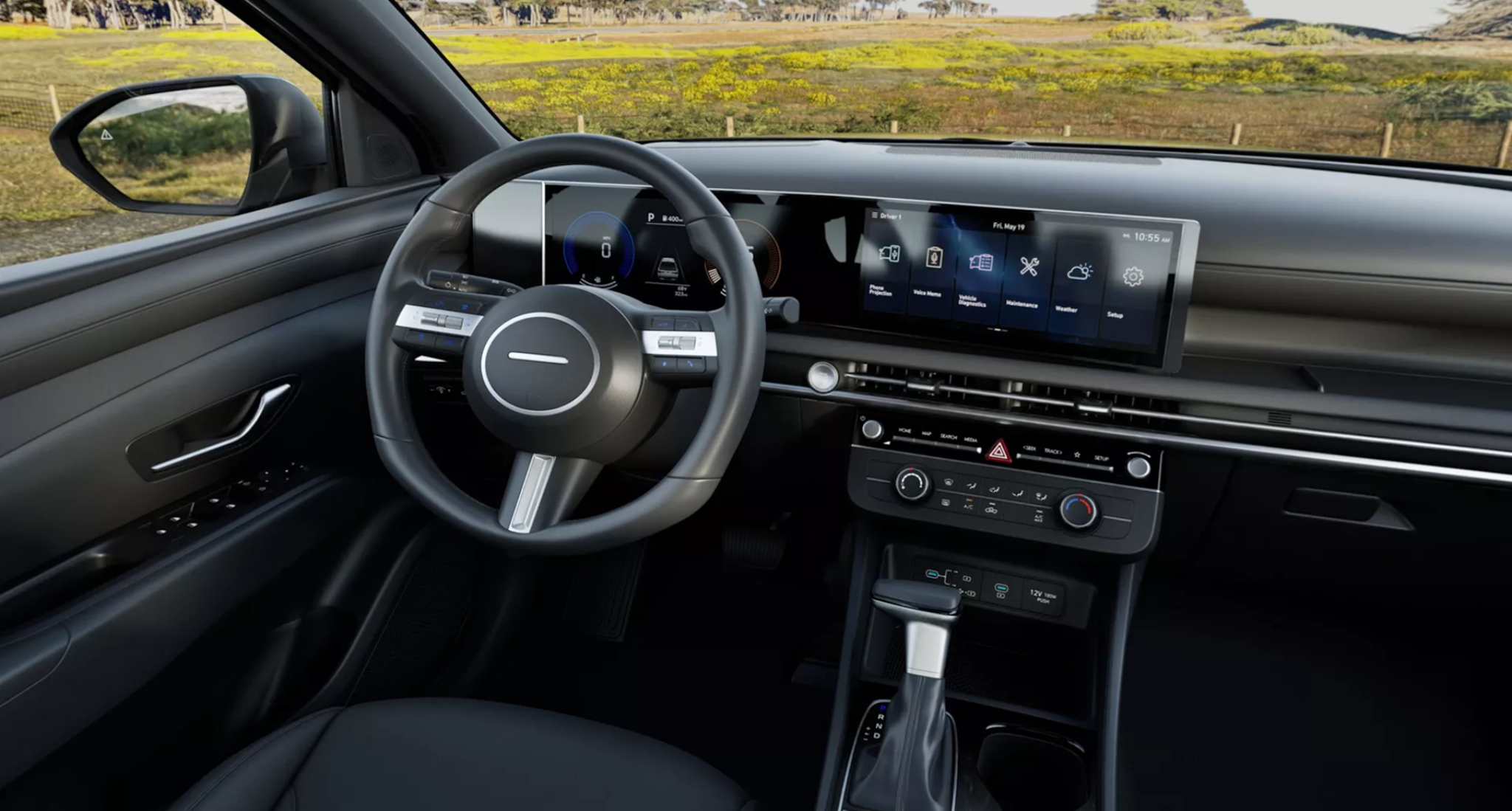 Interior view of the 2025 Hyundai Santa Cruz SE showcasing the driver-focused dashboard, 12.3-inch touchscreen infotainment system, digital instrument cluster, and premium steering wheel controls.