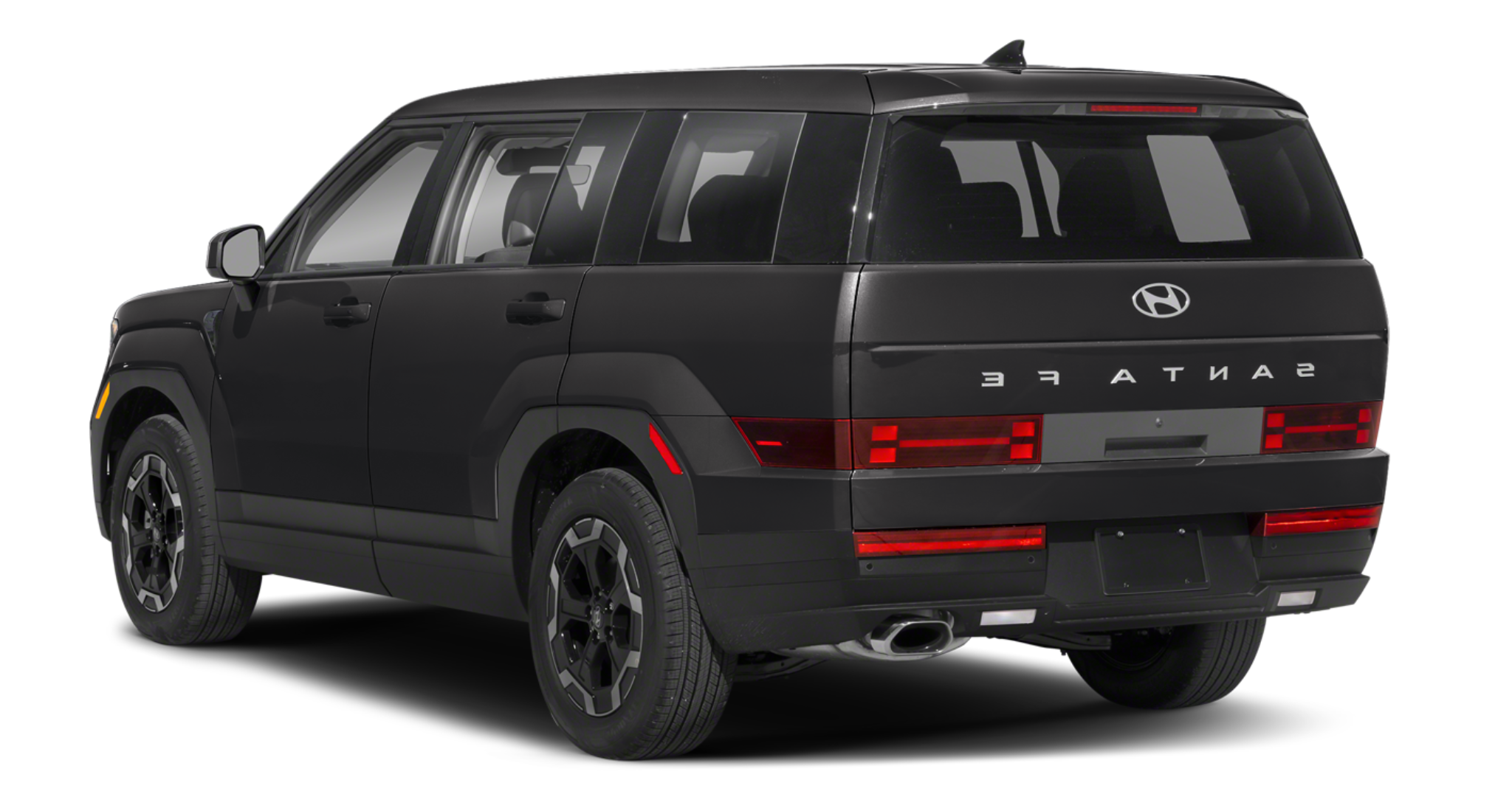 Rear exterior view of the 2025 Hyundai Santa Fe SE in black, featuring distinctive LED taillights, Hyundai badge, and Santa Fe branding.