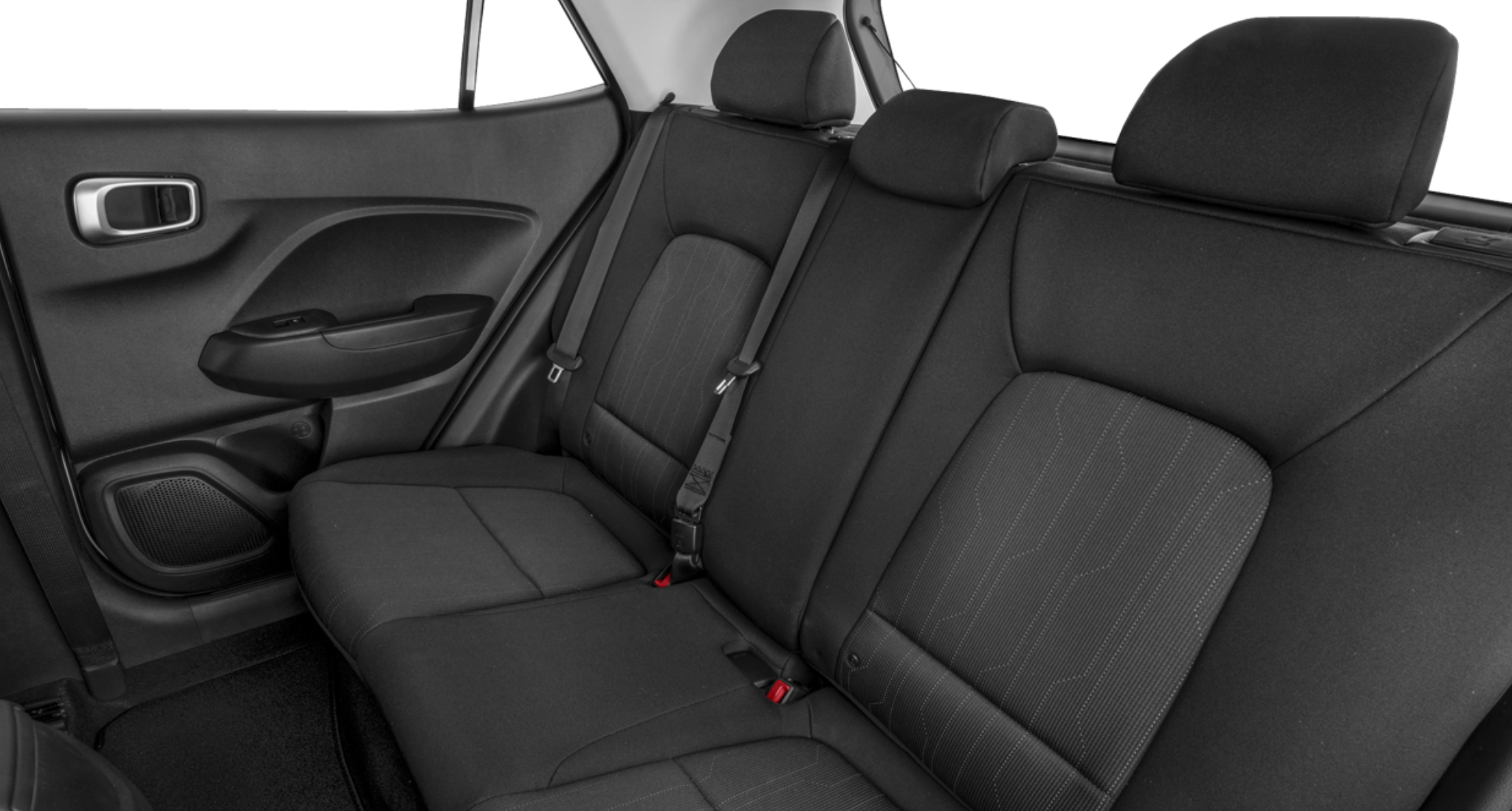 2025 Hyundai Venue SE rear seat view showcasing spacious black cloth seating with 60/40 split fold-down rear seatbacks for versatile cargo space."