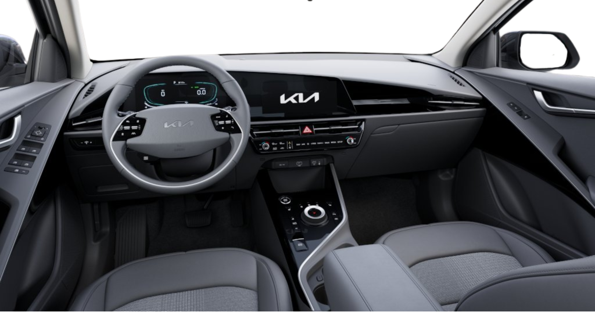Modern interior dashboard of the 2025 Kia Niro PHEV EX, showcasing a 10.25-inch touchscreen display, digital instrument cluster, rotary gear selector, and premium materials for a high-tech, comfortable driving experience.