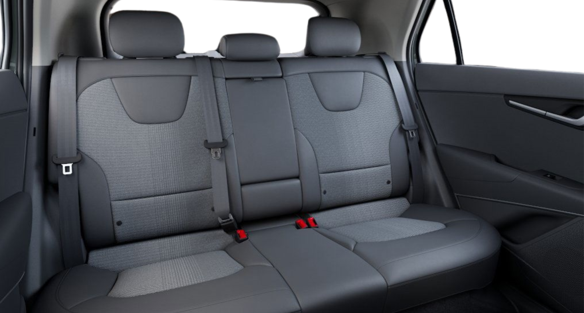 2025 Kia Niro EV Wind FWD rear seats with dual-tone SynTex and cloth upholstery, offering spacious and comfortable seating for three passengers.