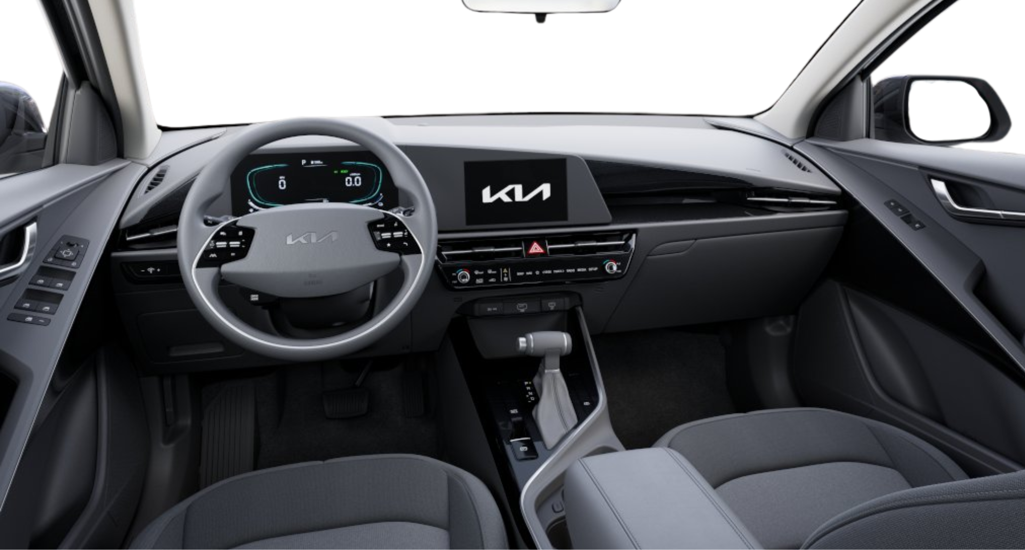 2025 Kia Niro LX FWD interior front cabin featuring an 8-inch touchscreen display, digital instrument cluster, multi-function steering wheel, and modern dashboard design.