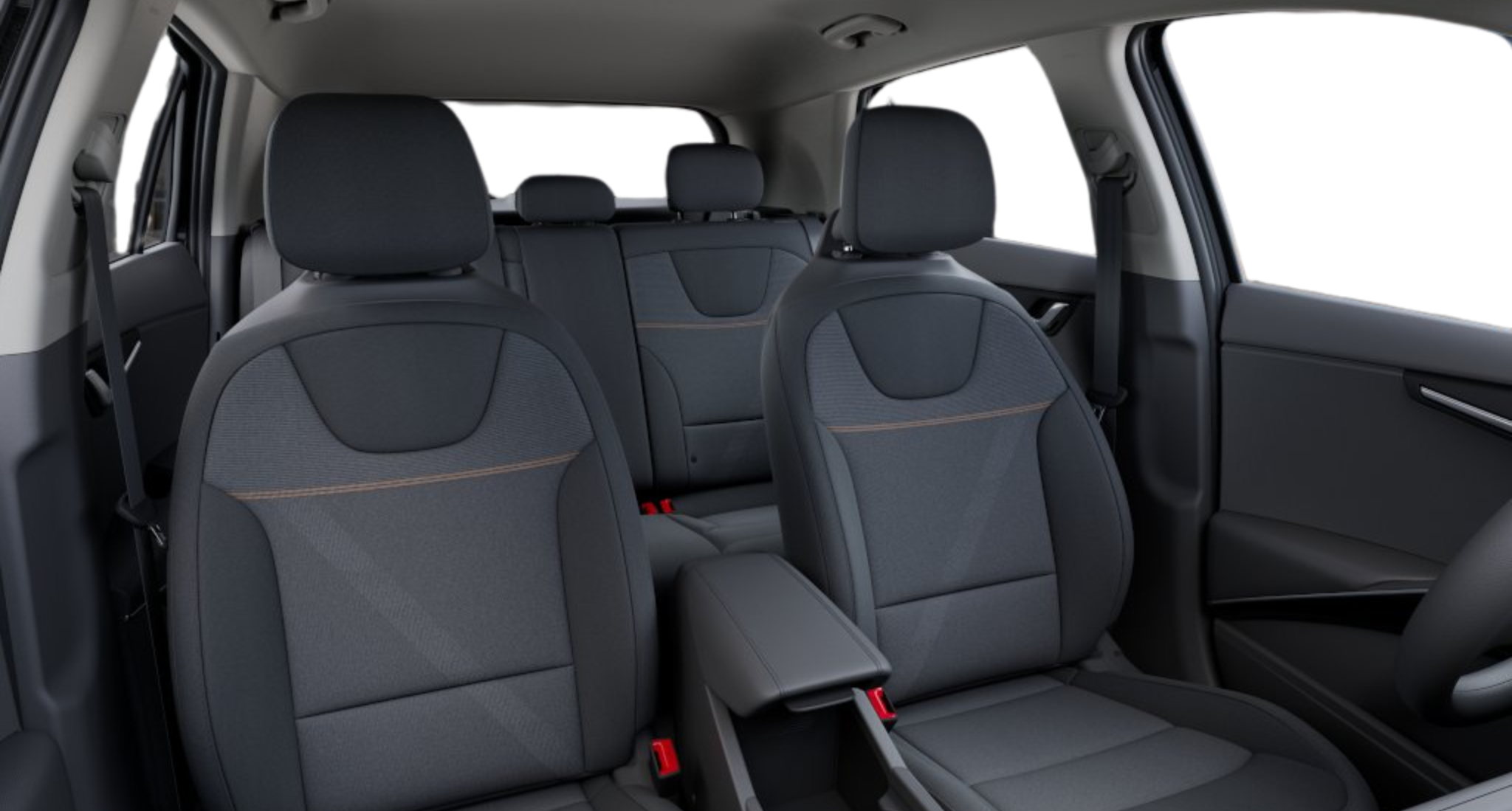 2025 Kia Niro LX FWD rear seats view showcasing spacious five-passenger seating with black woven cloth upholstery and foldable rear seats for extra cargo space.