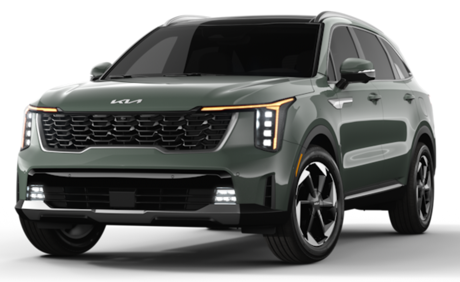 Front view of the 2025 Kia Sorento PHEV EX AWD showcasing its signature tiger-nose grille, LED headlights with vertical daytime running lights, and bold front bumper design, emphasizing its plug-in hybrid SUV status.