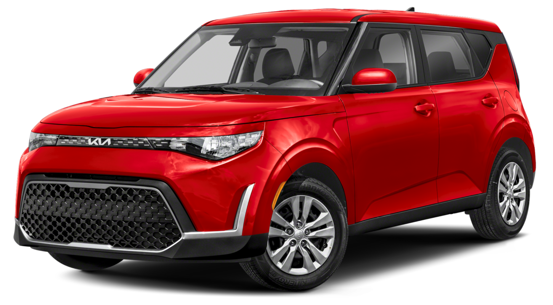 Front view of the 2025 Kia Soul LX FWD in red, displaying its bold grille, sharp LED headlights, and contemporary styling with a sporty urban look.