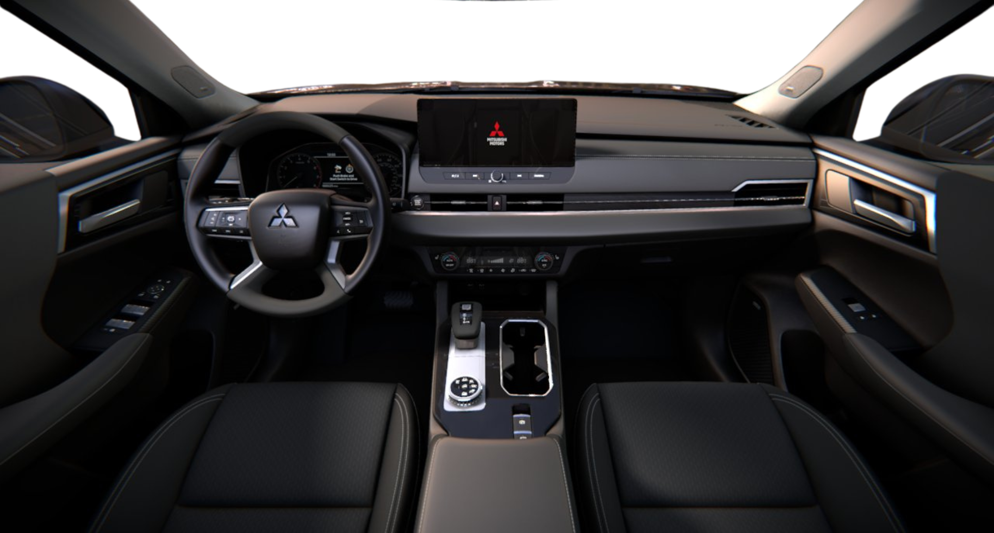 2025 Mitsubishi Outlander ES dashboard with touchscreen display, digital driver cluster, and premium black interior design