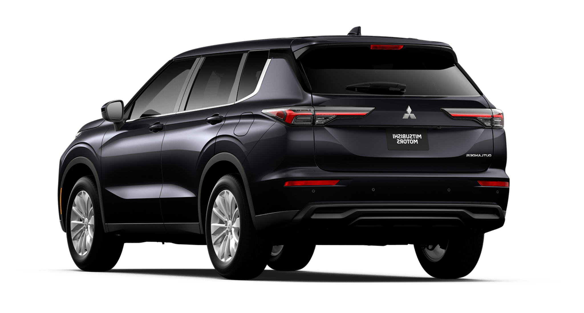 2025 Mitsubishi Outlander ES rear exterior view showcasing LED taillights, rear spoiler, and bold SUV styling in black finish