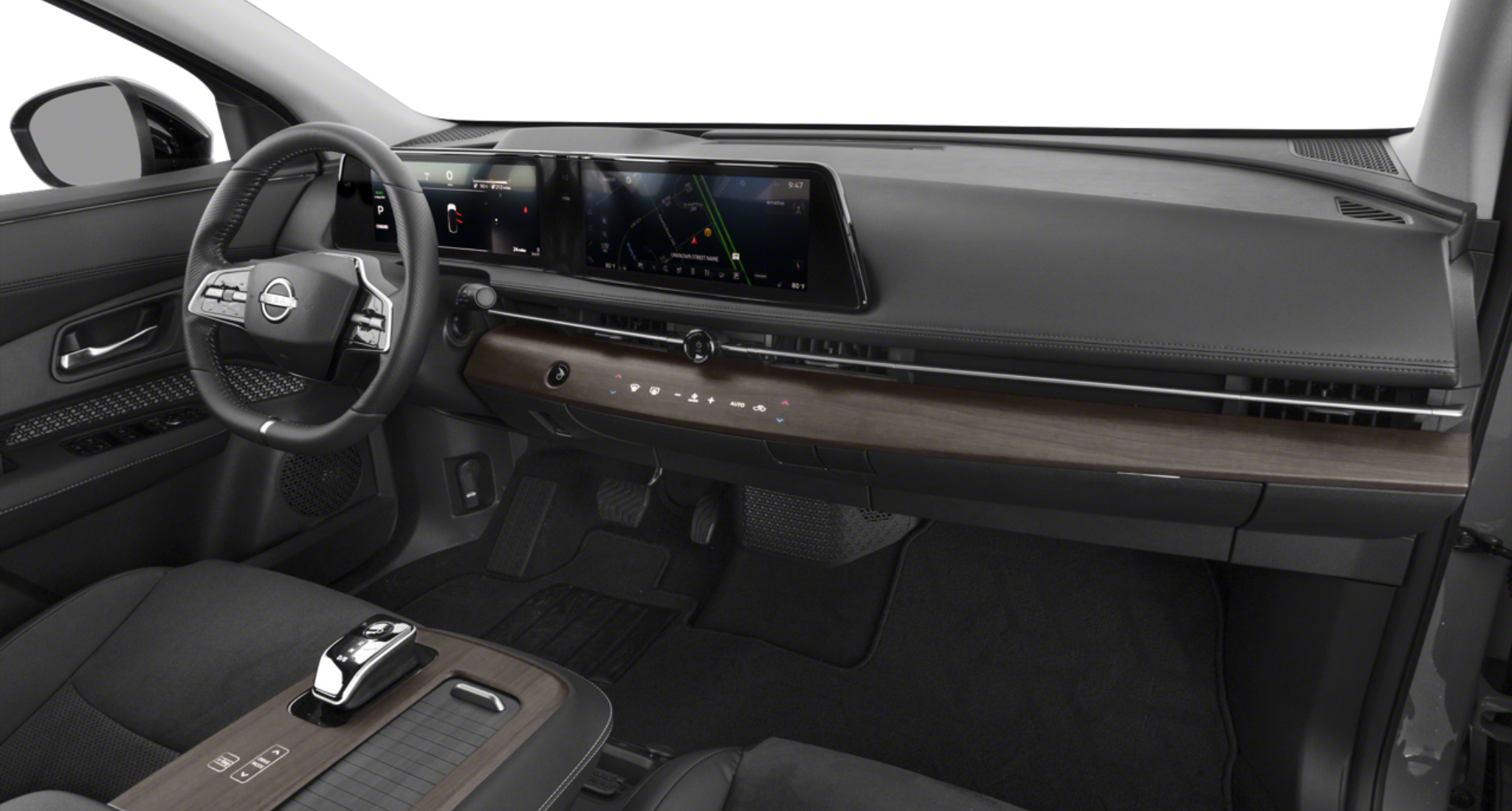 Interior front cabin of the 2025 Nissan Ariya Engage FWD showcasing the minimalist dashboard design, dual 12.3-inch digital displays, and leather-wrapped steering wheel with advanced driver controls.