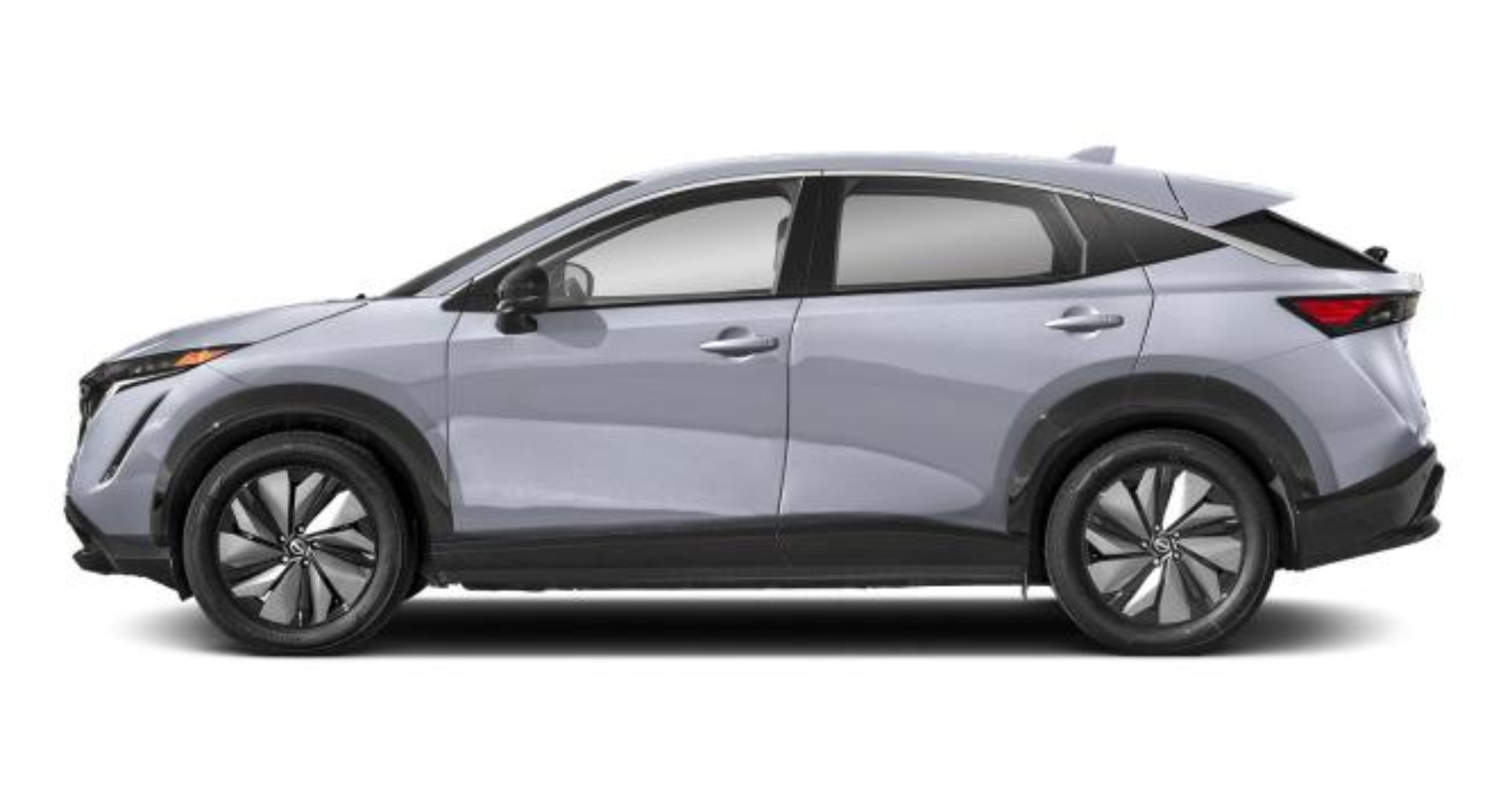 Side profile of the 2025 Nissan Ariya Engage FWD electric SUV, featuring aerodynamic lines, 19-inch alloy wheels, and a futuristic crossover design in Boulder Gray Pearl.
