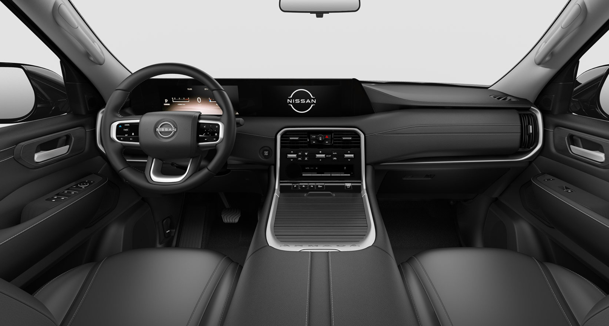 2025 Nissan Armada SV dashboard showcasing the modern digital instrument cluster, 12.3-inch NissanConnect touchscreen, and premium black leather-trimmed interior.