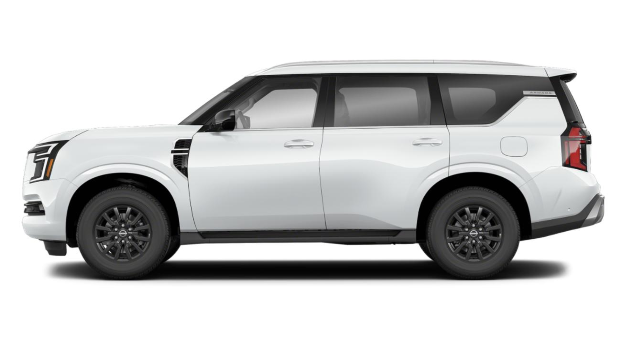 Side profile view of the 2025 Nissan Armada SV in pearl white, highlighting its bold exterior design, 18-inch alloy wheels, and sleek black window accents.