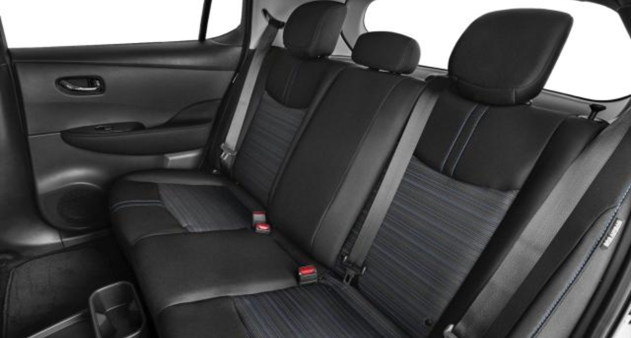 Interior rear seats of the 2025 Nissan Leaf S hatchback featuring black cloth upholstery with blue accent stitching and a 60/40 split-folding design for enhanced cargo flexibility.