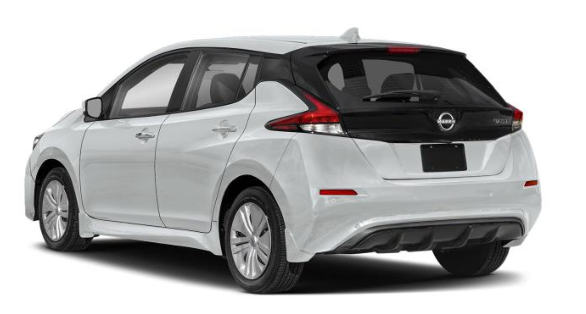 Rear exterior view of the 2025 Nissan Leaf S electric hatchback in white, highlighting the aerodynamic design, LED taillights, and black contrasting roof.