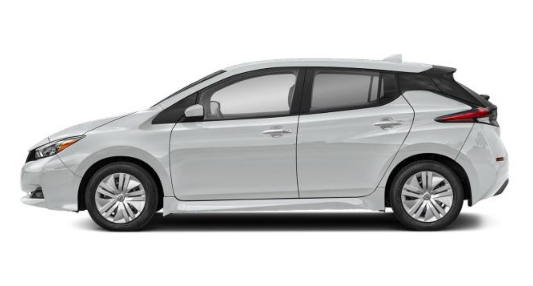 Side profile of the 2025 Nissan Leaf S hatchback in white, emphasizing its sleek lines, five-door configuration, and energy-efficient alloy wheels.