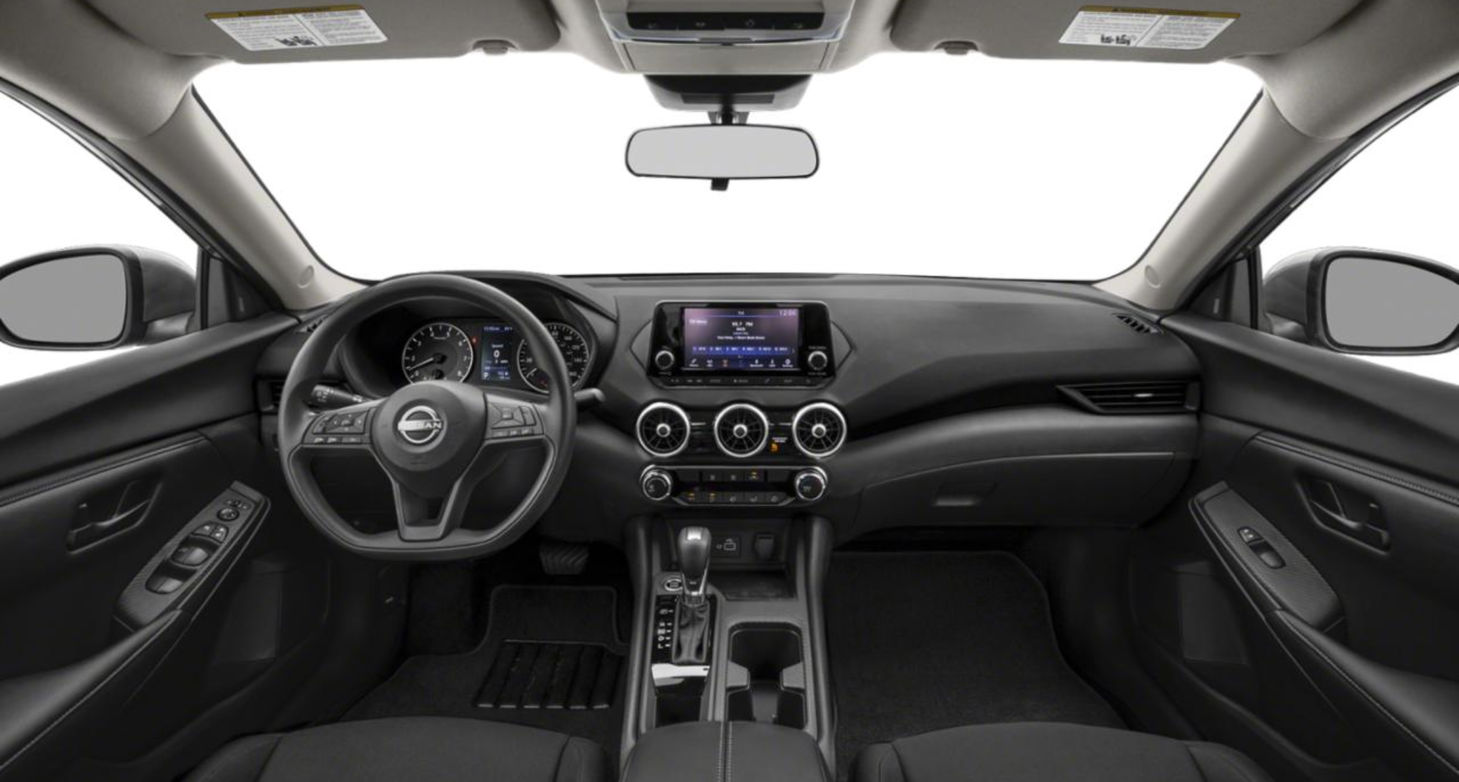 Modern front interior of the 2025 Nissan Sentra S showcasing the driver-focused dashboard with a 7-inch NissanConnect touchscreen display, Apple CarPlay, and Android Auto compatibility, along with ergonomic climate control vents and a leather-wrapped steering wheel.
